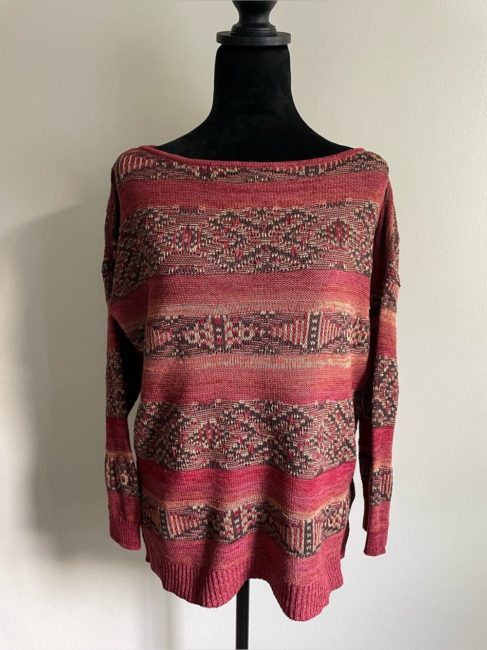 CHAPS Denim Linen Cotton Geometric Sweater L Burgundy Boho